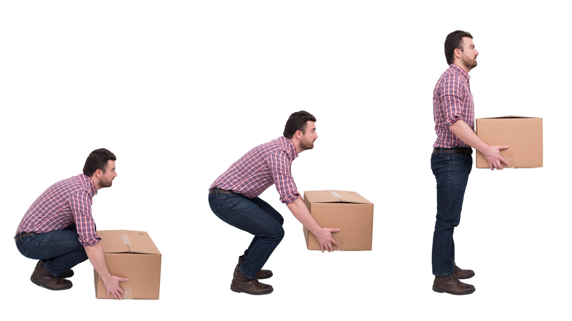 Man practicing correct lifting technique with large moving box.