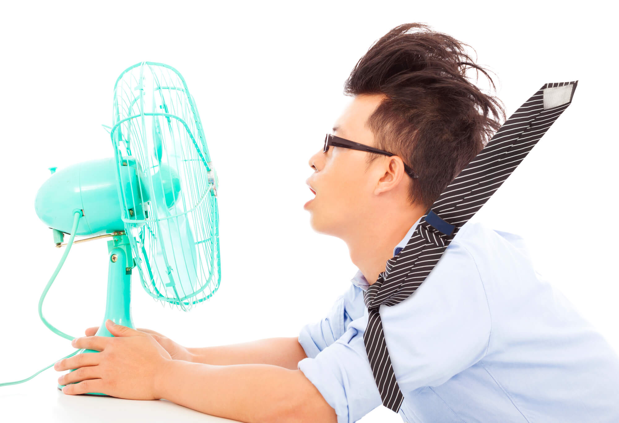 Business man use fans to cool down.