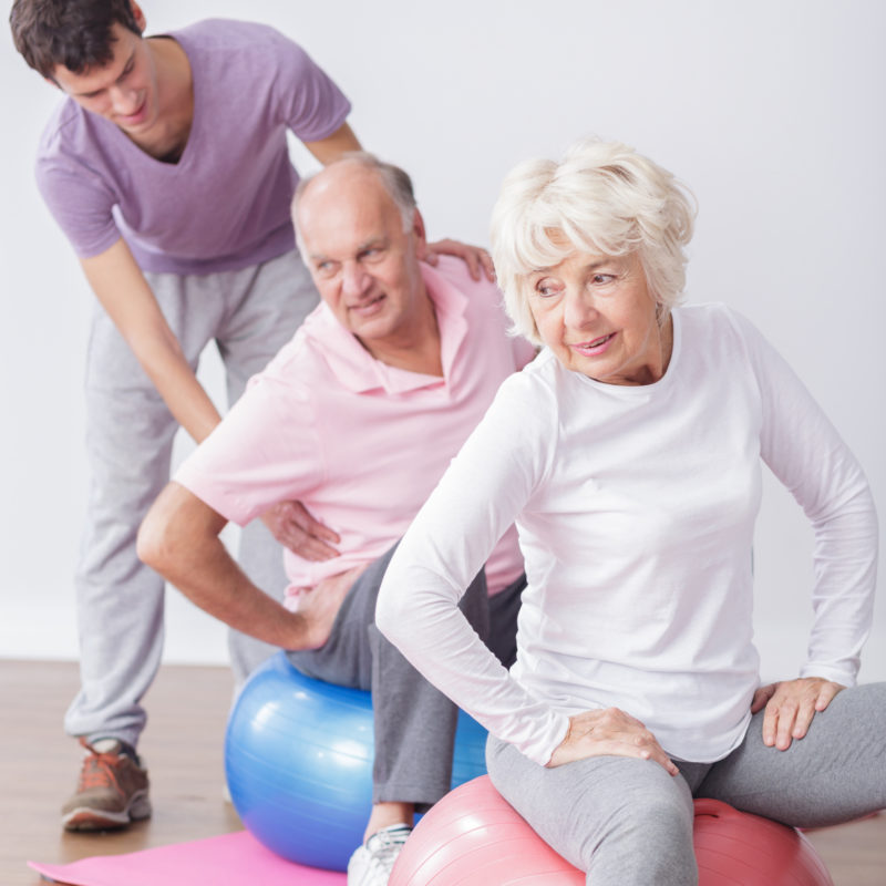 Two elderly persons exercising on medicine ball.