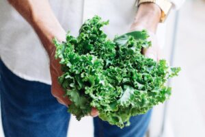 someone holding a bunch of kale